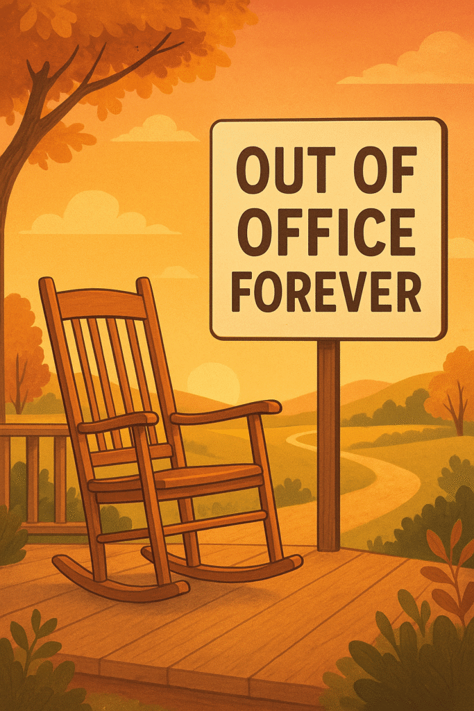 rocking chair with sign 'out of office forever'